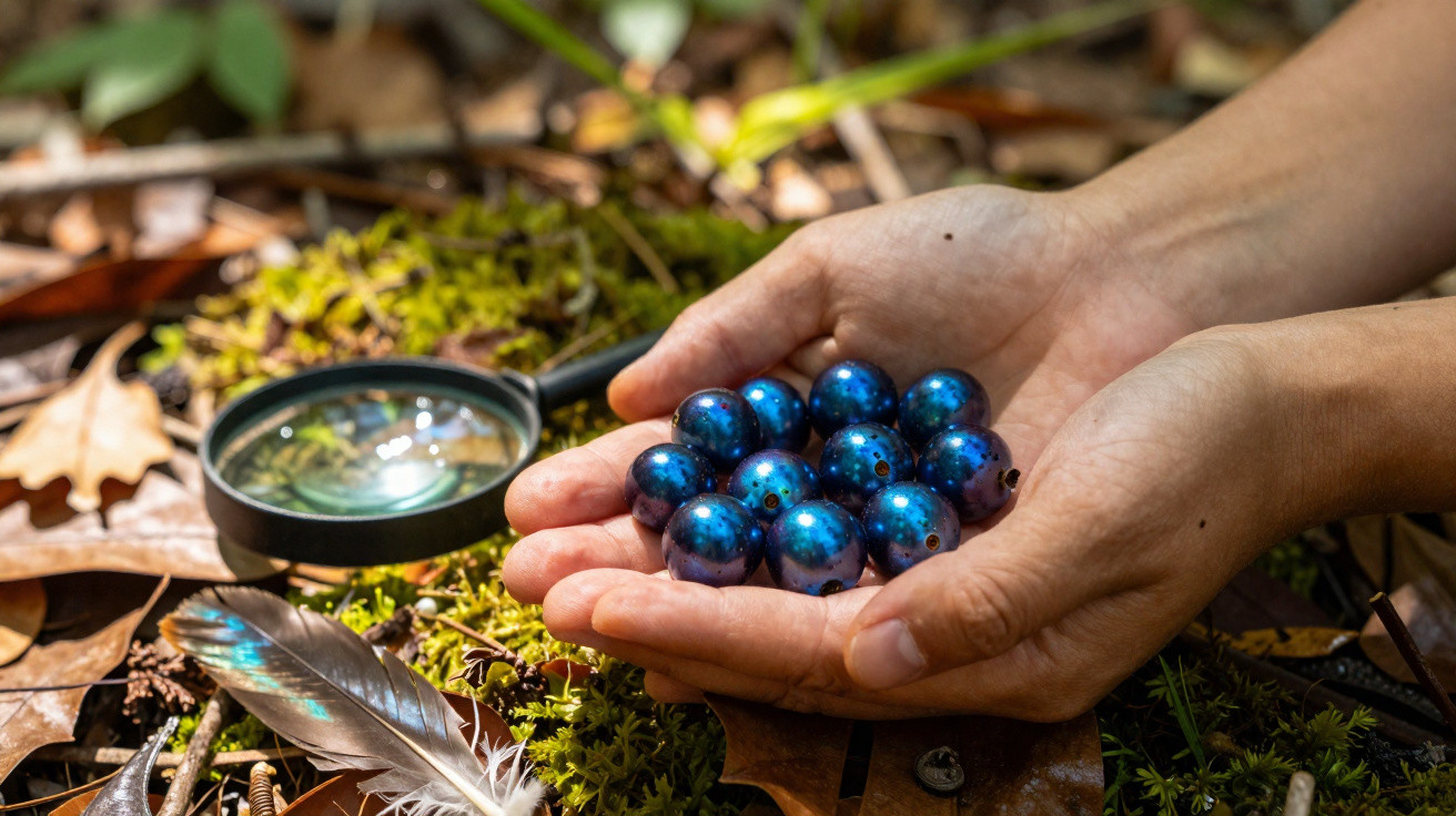 Mãos seguram sementes azuis brilhantes sobre musgo, com lupa ao fundo em ambiente natural.
