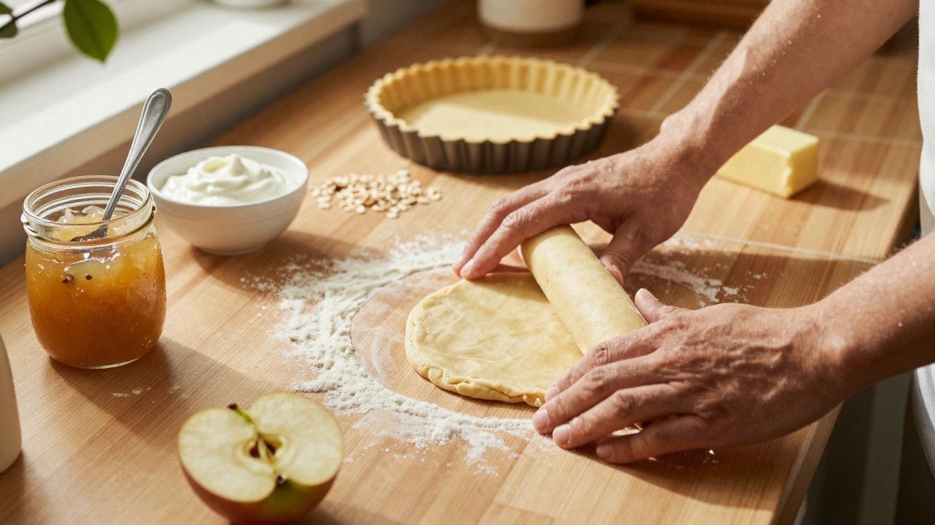 Pessoa abrindo massa de torta sobre bancada com farinha, maçã, geleia, creme e forma ao fundo.