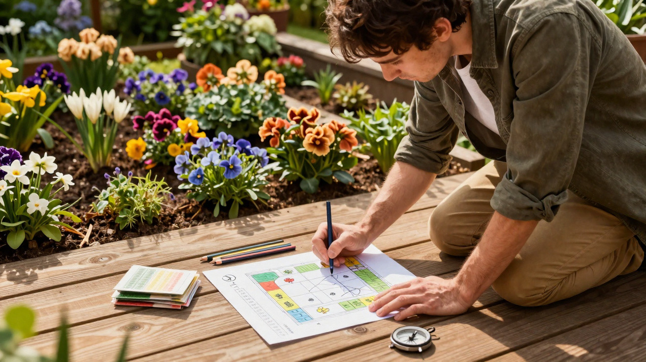 Homem planejando jardim colorido com desenho e lápis ao lado de flores em canteiro.