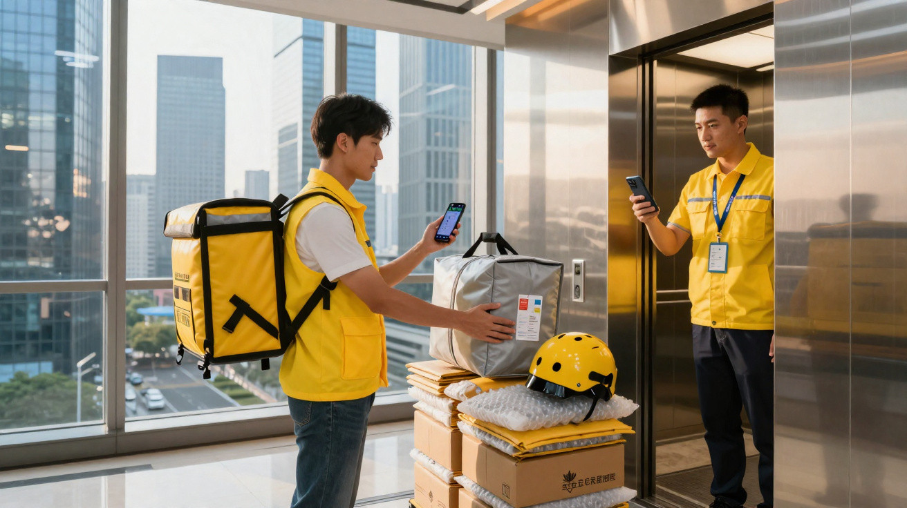 Entrega de encomendas: dois homens em uniforme amarelo usando celulares na entrada de um elevador em prédio comercial.