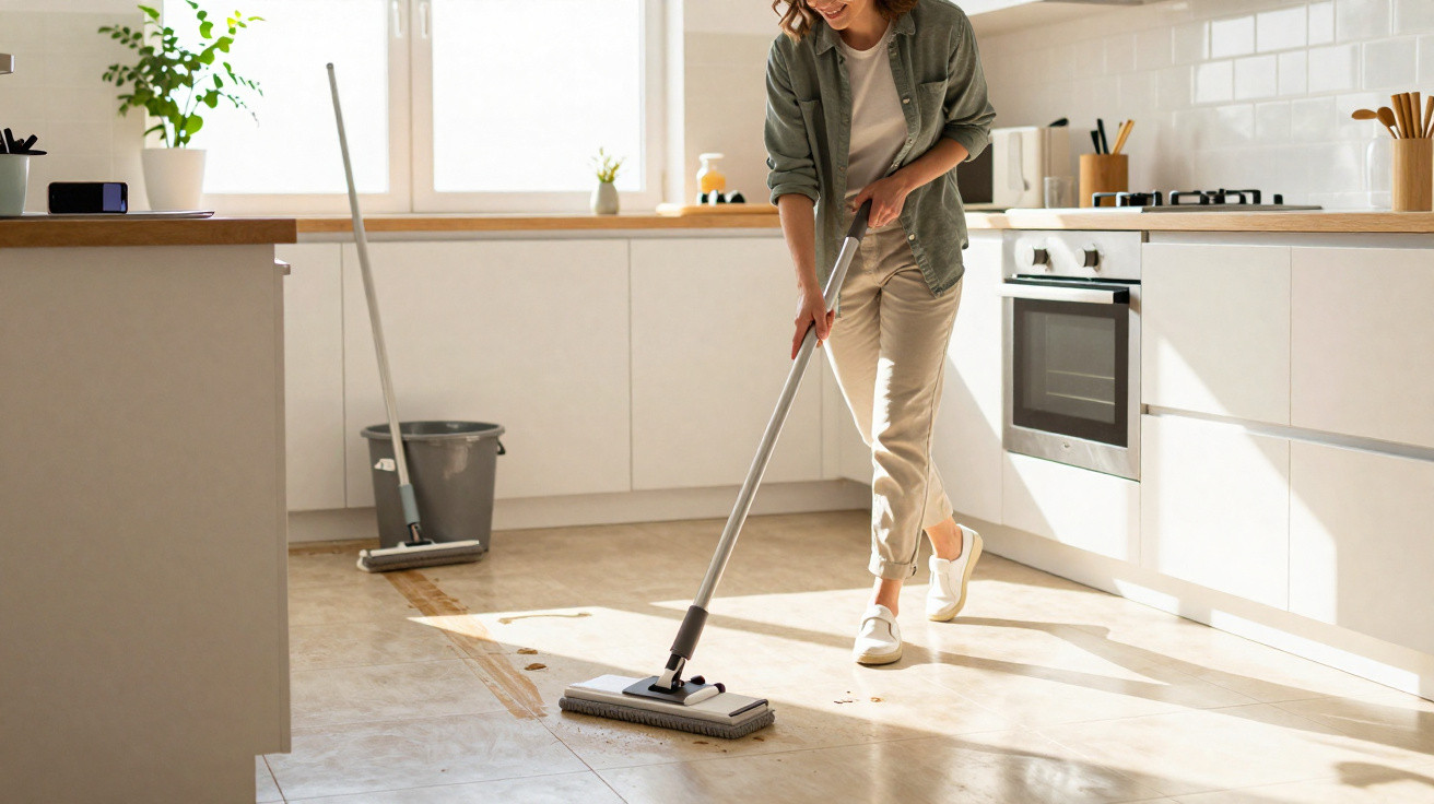 Mulher limpando chão de cozinha clara com rodo, ao lado de balde e planta no balcão.