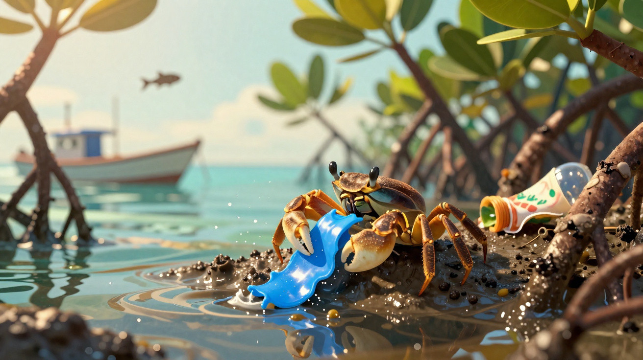 Caranguejo na lama segurando plástico azul perto de manguezal com lixo plástico e barco ao fundo.