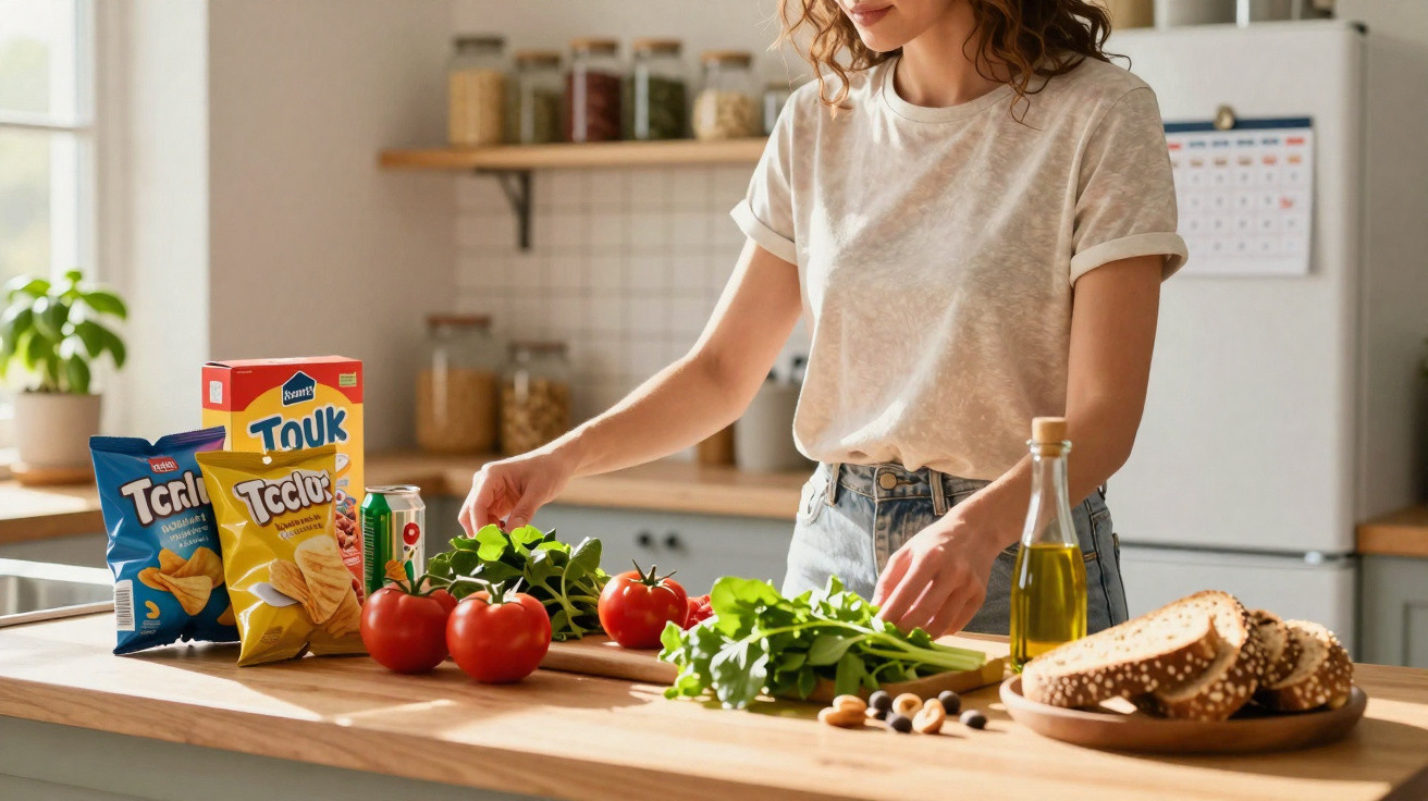 Mulher preparando salada com tomates, folhas verdes, pão, azeite e snacks na cozinha iluminada.