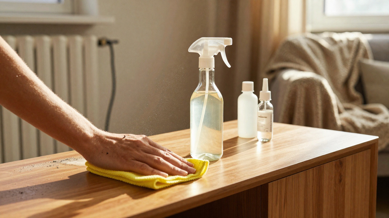 Pessoa limpando superfície de madeira com pano amarelo e frascos de produtos de limpeza sobre móvel.