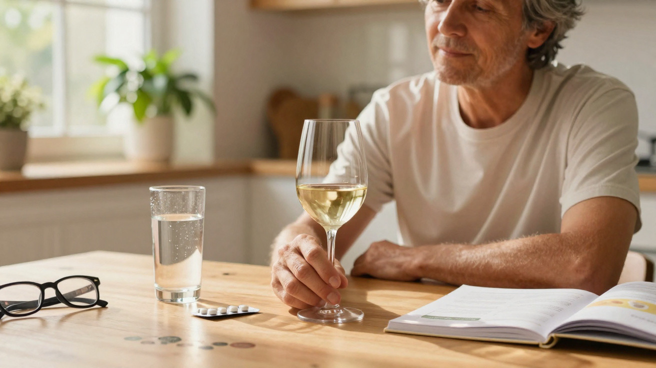 Homem sentado à mesa segura taça de vinho branco, com remédios, copo d'água e livro aberto à frente.