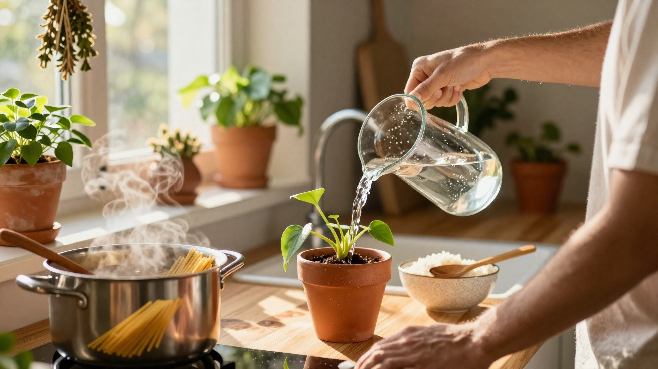 Pessoa regando planta em vaso de barro na cozinha com panela de macarrão cozinhando no fogão.