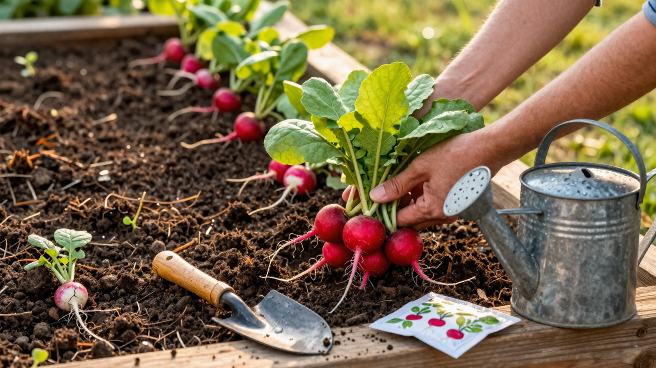 Mãos colhendo rabanetes em canteiro de terra com regador e pá de jardinagem ao lado.