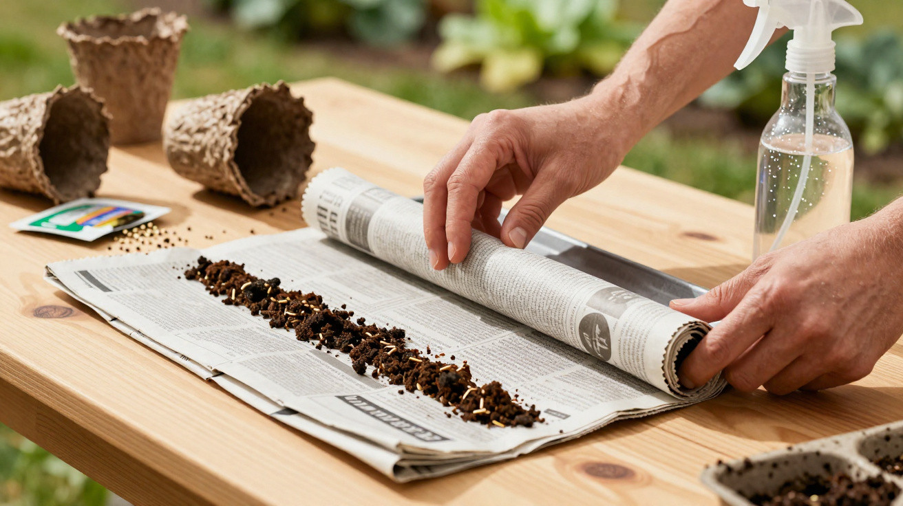 Mãos enrolando jornal com terra e sementes para fazer mudas, com regador spray e vasos biodegradáveis ao lado.