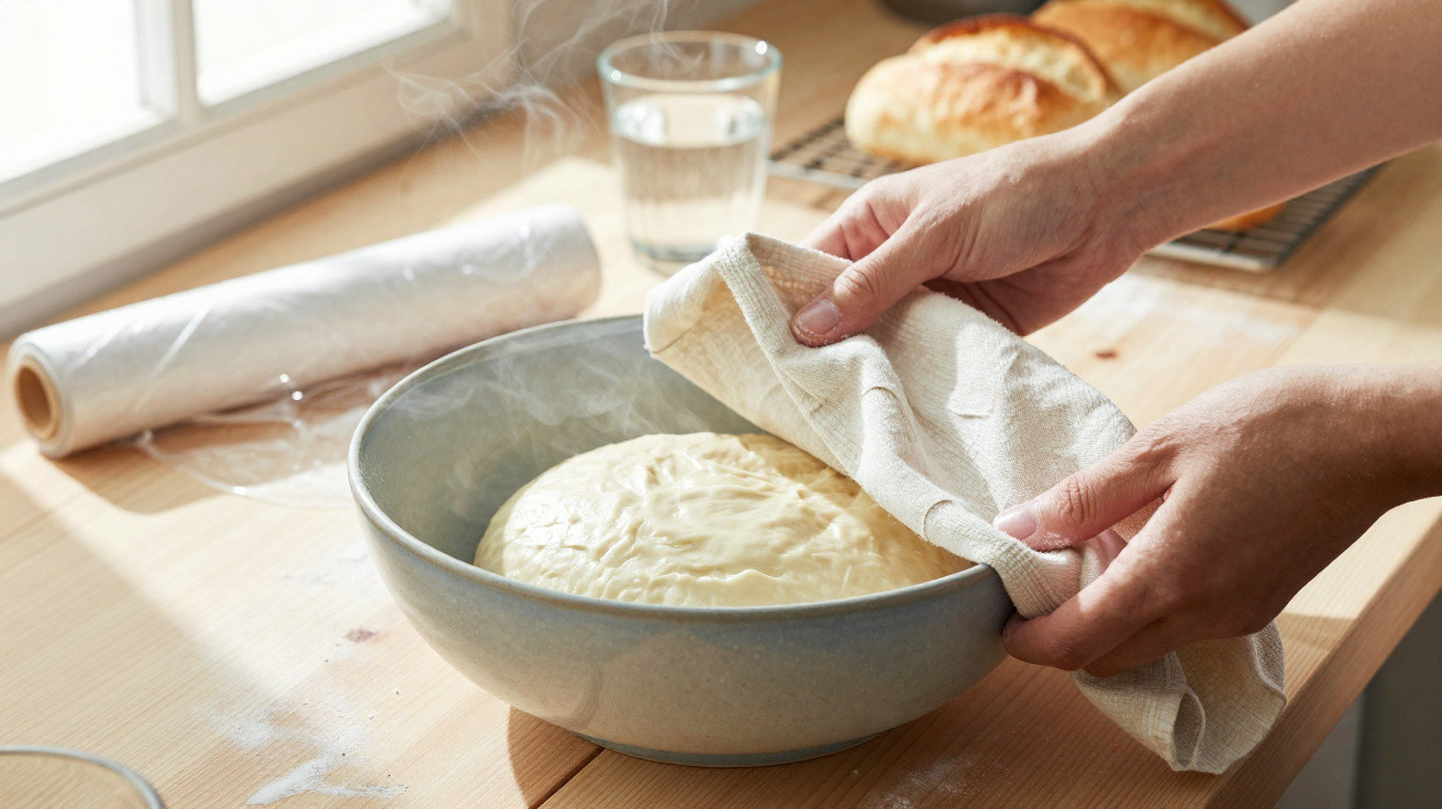 Mãos descobrindo massa de pão fermentada em tigela, com pão assado e utensílios ao fundo na mesa de madeira.