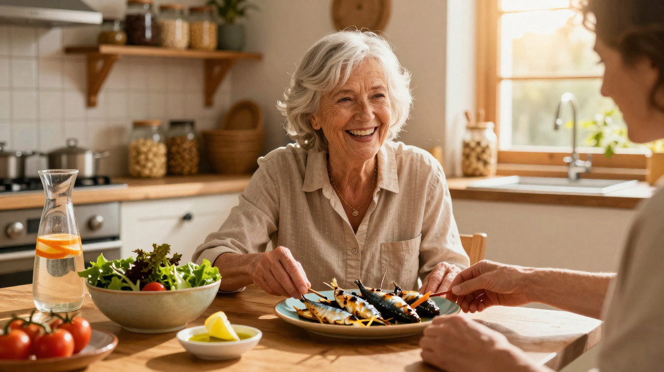 Duas pessoas sorrindo enquanto compartilham uma refeição com salada e sardinhas na cozinha iluminada pelo sol.