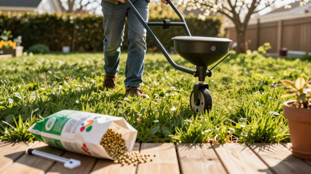 Pessoa aplicando fertilizante em gramado com espalhador manual em jardim ensolarado.