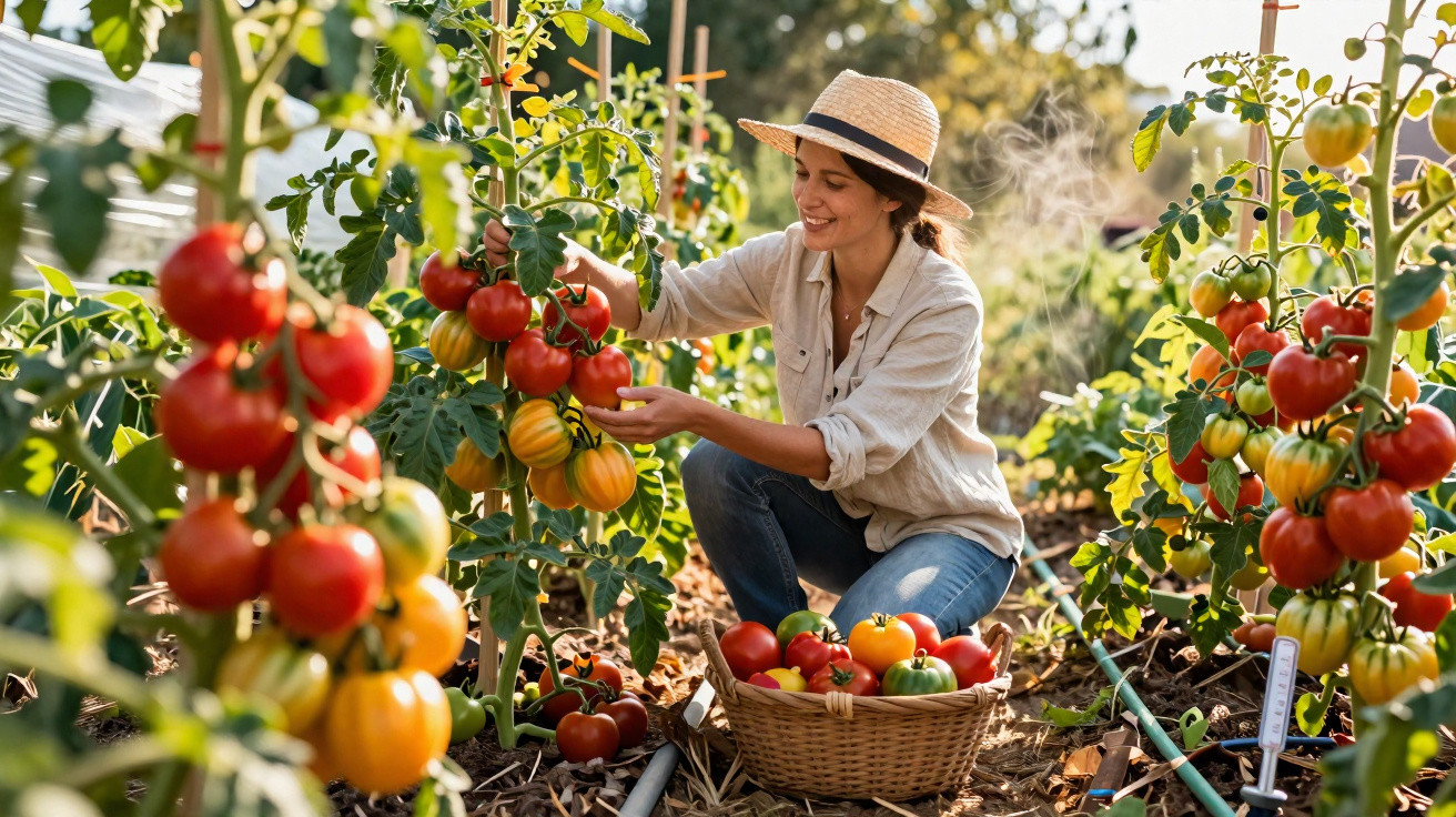 Mulher colhendo tomates maduros em horta ao ar livre com cesta cheia de tomates coloridos.