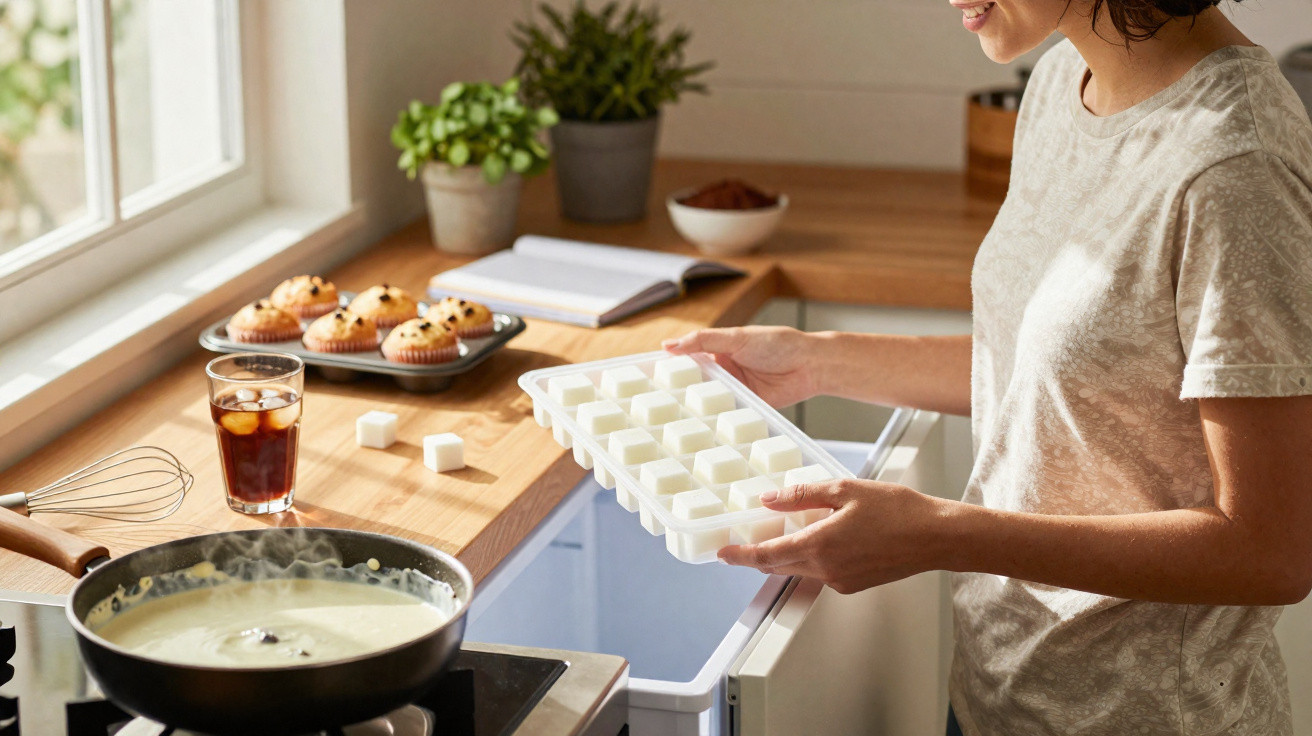 Pessoa na cozinha segurando forma de gelo com cubos e panela no fogão, muffins na bancada ao fundo.