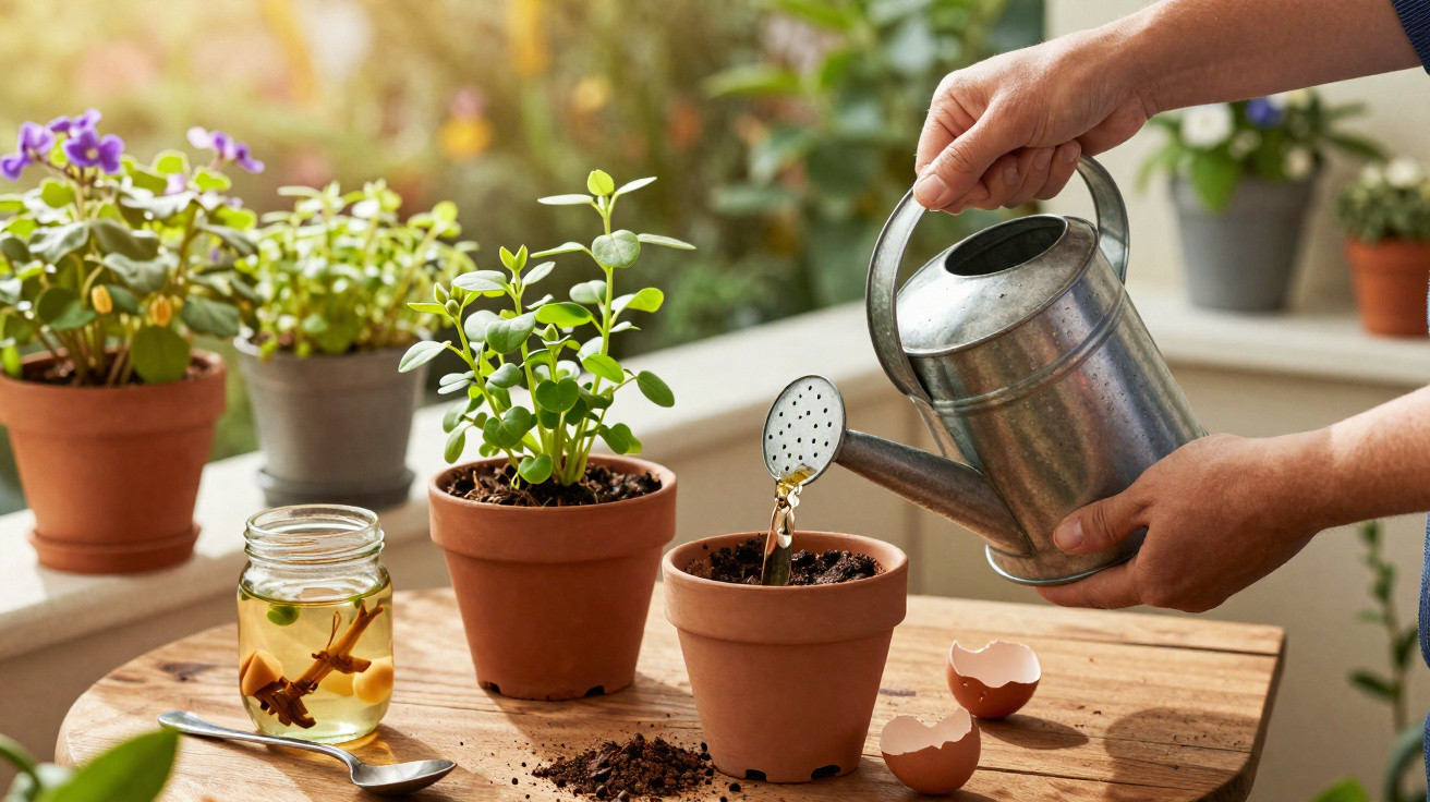 Pessoa regando planta em vaso de barro, com outros vasos e casca de ovo sobre mesa de madeira.