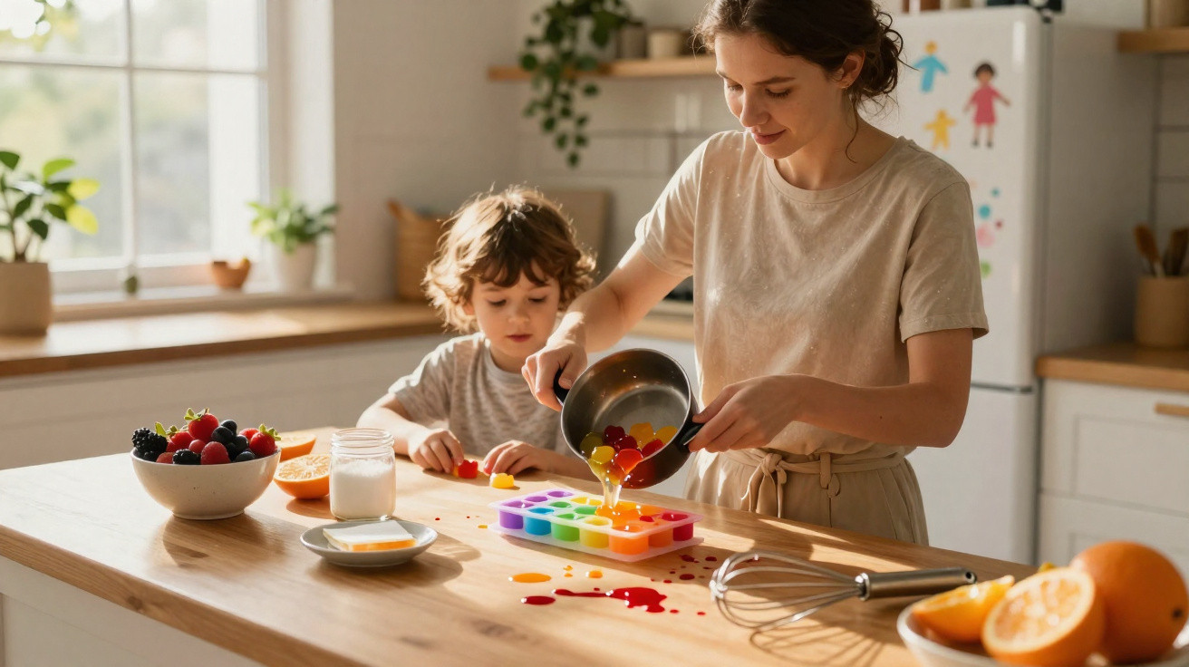 Mulher e criança fazem gelatina colorida em formas de silicone na cozinha iluminada pelo sol.