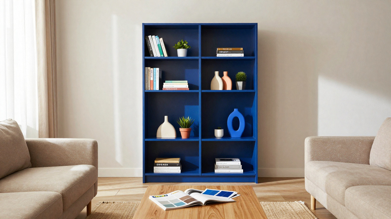 Estante azul com livros e vasos decorativos entre dois sofás bege em sala iluminada.