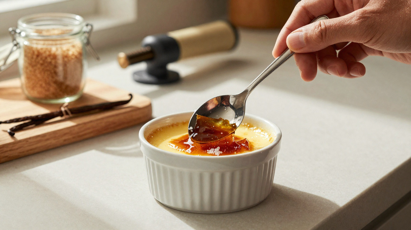 Mão quebrando a crosta caramelizada de um creme brûlée em ramequim branco sobre bancada clara.