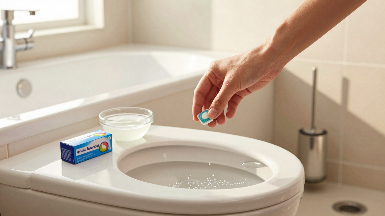 Pessoa colocando pastilha efervescente no vaso sanitário para limpar, em banheiro claro e arejado.