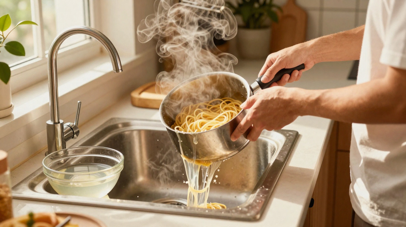 Pessoa escorrendo macarrão quente em panela sobre pia de cozinha iluminada por luz natural.