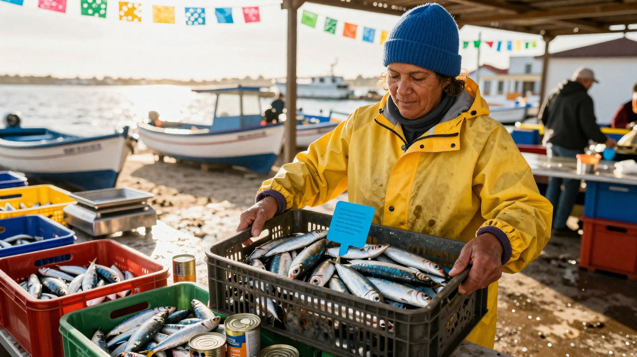 Mulher com roupa impermeável amarela guarda caixa de peixes frescos em mercado à beira-mar com barcos ao fundo.