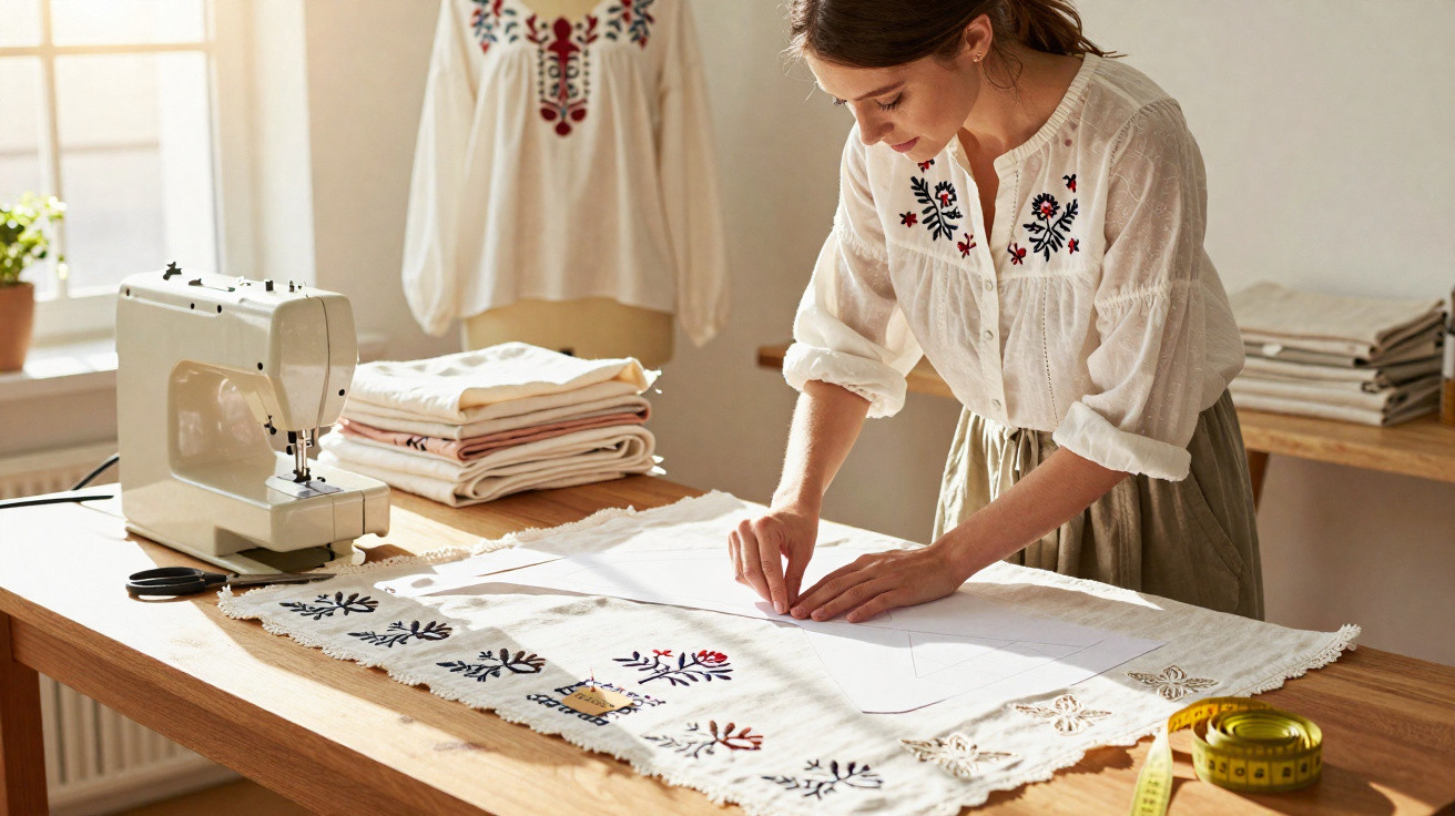 Mulher desenhando molde em tecido branco com bordados, ao lado de máquina de costura e fita métrica.