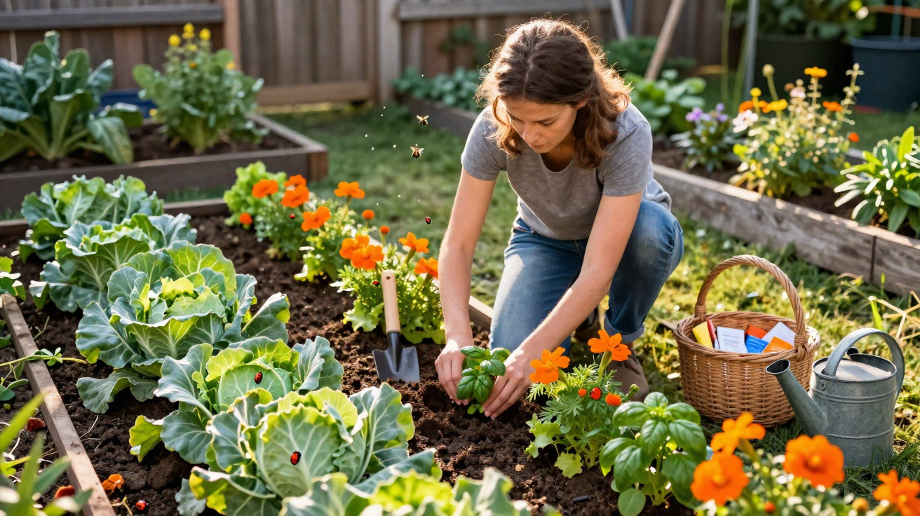 Mulher cuidando de plantas e flores em canteiro de jardim com regador e cesta ao lado.