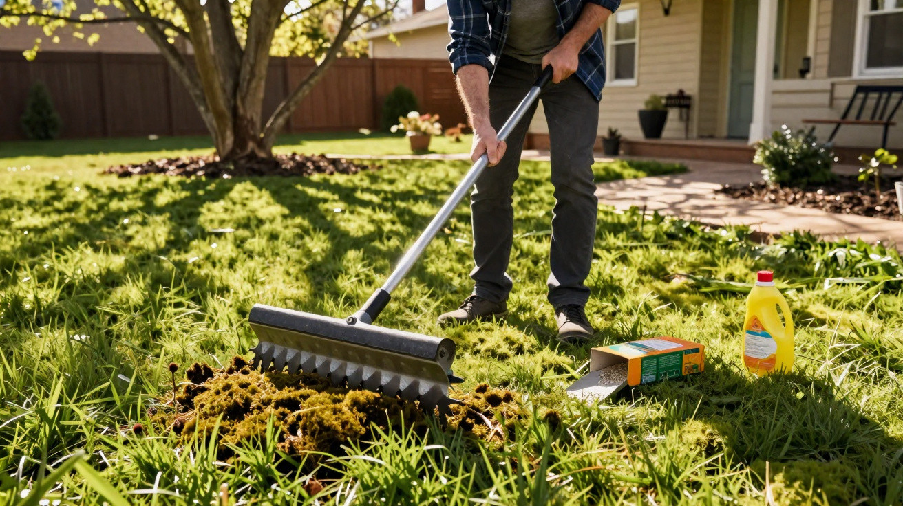 Pessoa usando aerador manual para cuidar do gramado em jardim de casa residencial.