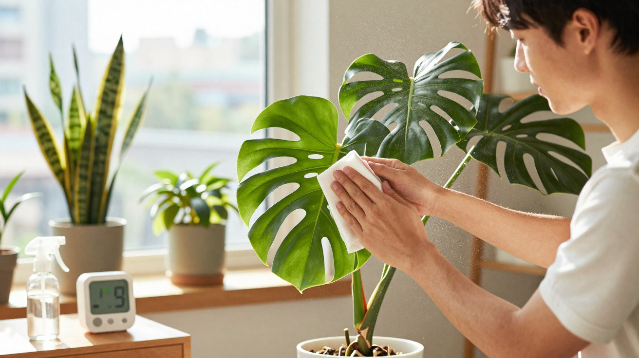 Homem limpando uma folha grande de planta Monstera em ambiente interno com luz natural.