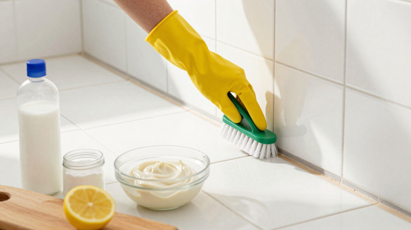 Pessoa com luva amarela limpando rejunte de azulejo branco com escova, próximo a ingredientes naturais sobre bancada.