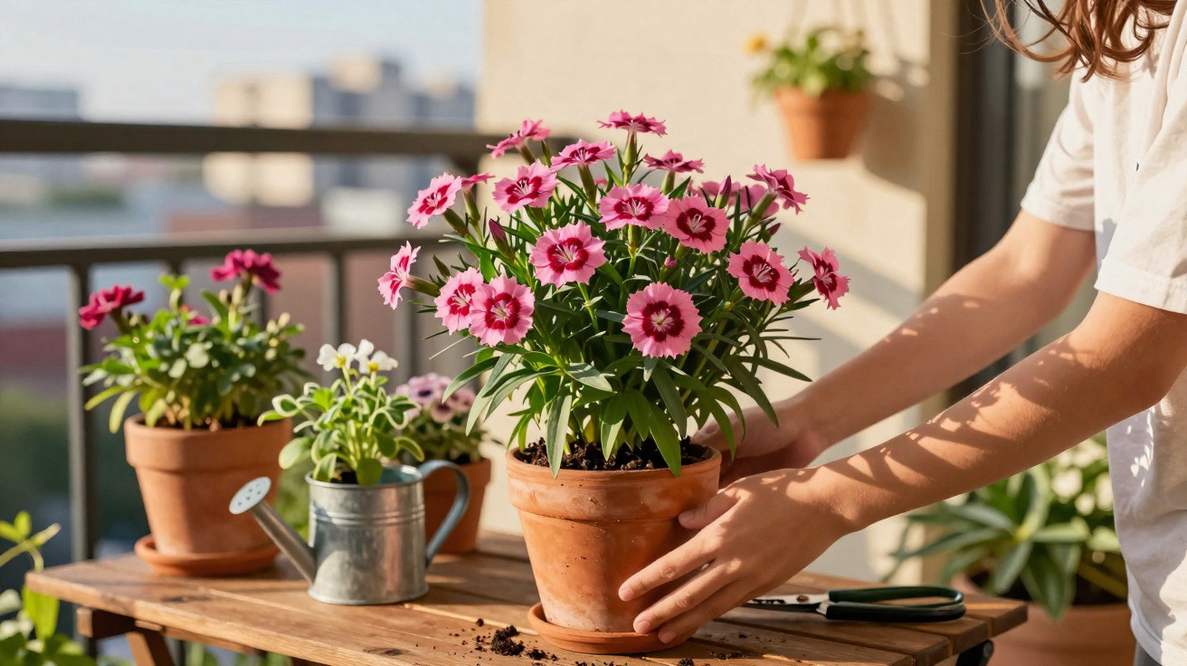 Pessoa cuidando de flores rosa em vaso de cerâmica sobre mesa de madeira em varanda ensolarada.