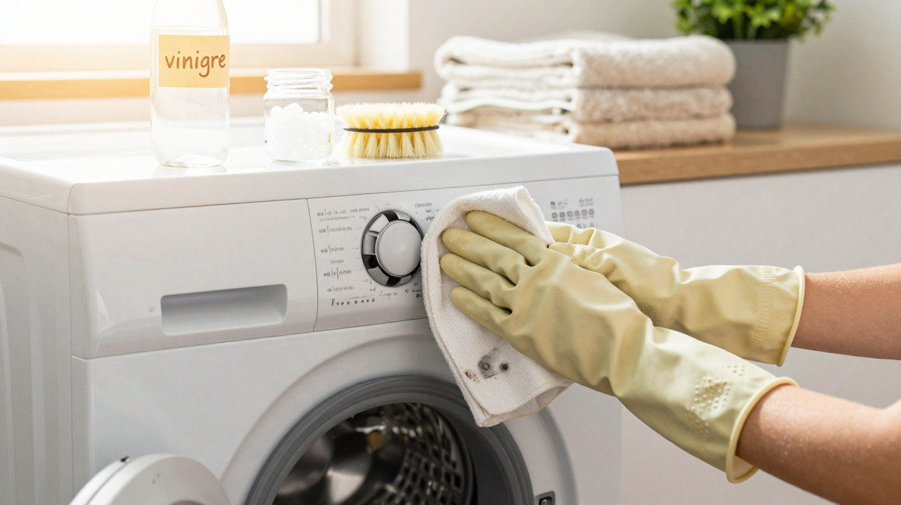 Mãos com luvas amarelas limpando máquina de lavar roupa com pano branco e produtos de limpeza ao fundo.