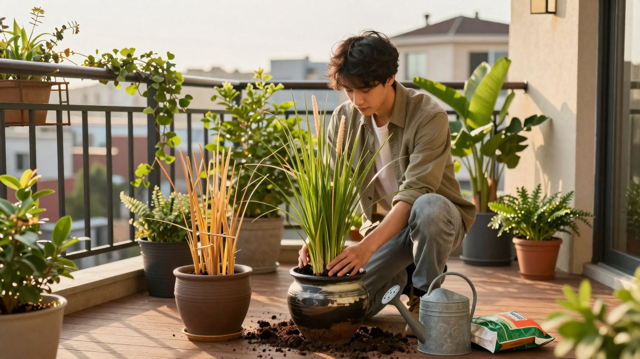 Jovem cuidando de plantas em vasos no terraço, com regador e terra espalhada no chão.