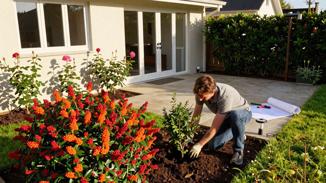 Homem plantando arbusto em jardim ao lado de casa com flores vermelhas e laranjas sob luz do sol.