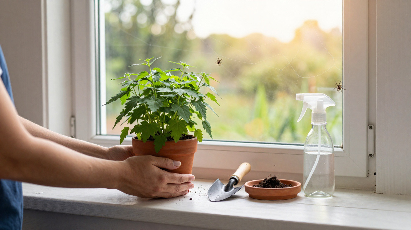 Pessoa cuidando de planta em vaso na janela com regador, pá de jardinagem e aranhas na teia.