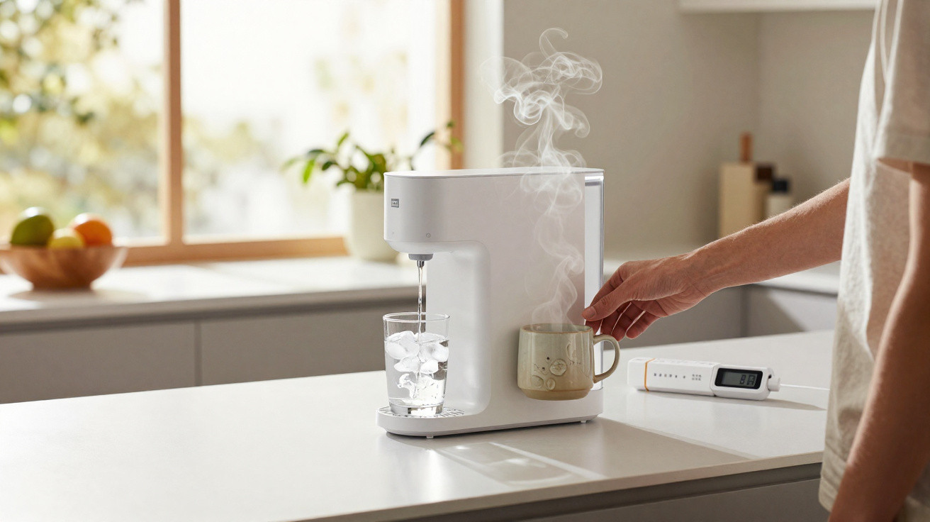 Máquina preparando água gelada e bebida quente com vapor em cozinha clara e moderna.