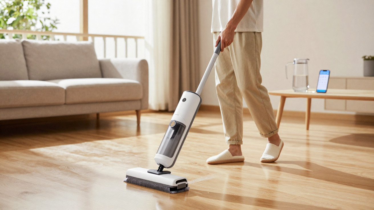 Pessoa usando aspirador de pó vertical branco para limpar chão de madeira em sala iluminada.