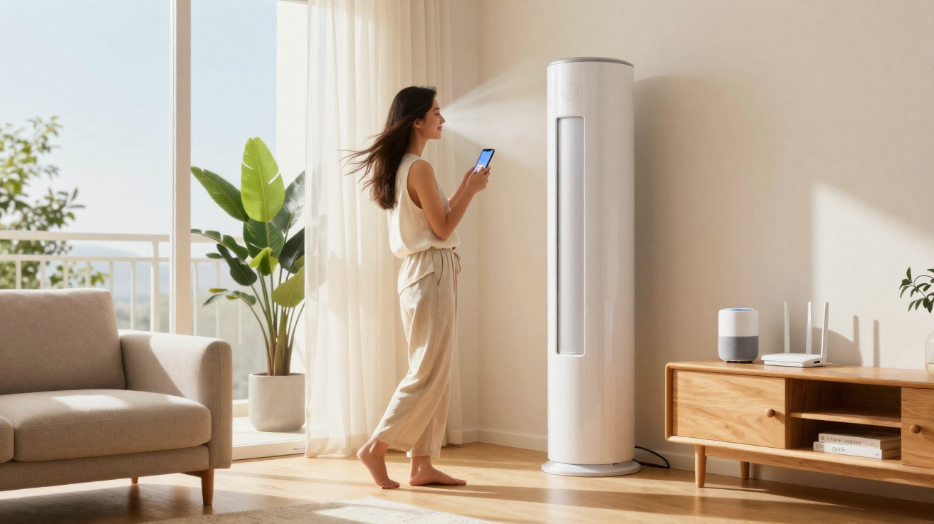 Mulher em pé usando controle remoto para ligar ar-condicionado vertical em sala iluminada.