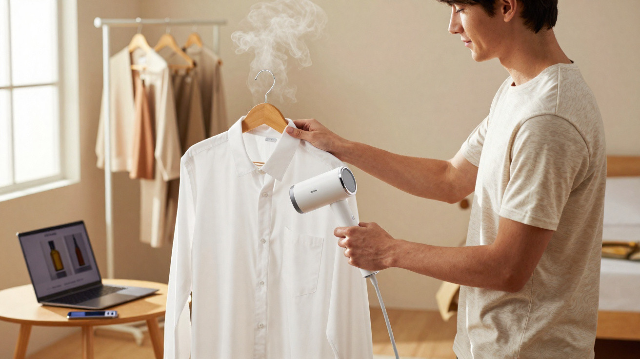 Homem utilizando vaporizador para passar camisa branca pendurada em cabide em ambiente doméstico.