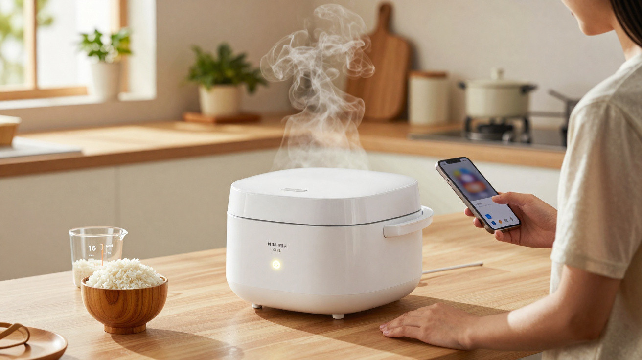 Pessoa controlando panela elétrica de arroz branca com smartphone em cozinha ensolarada.