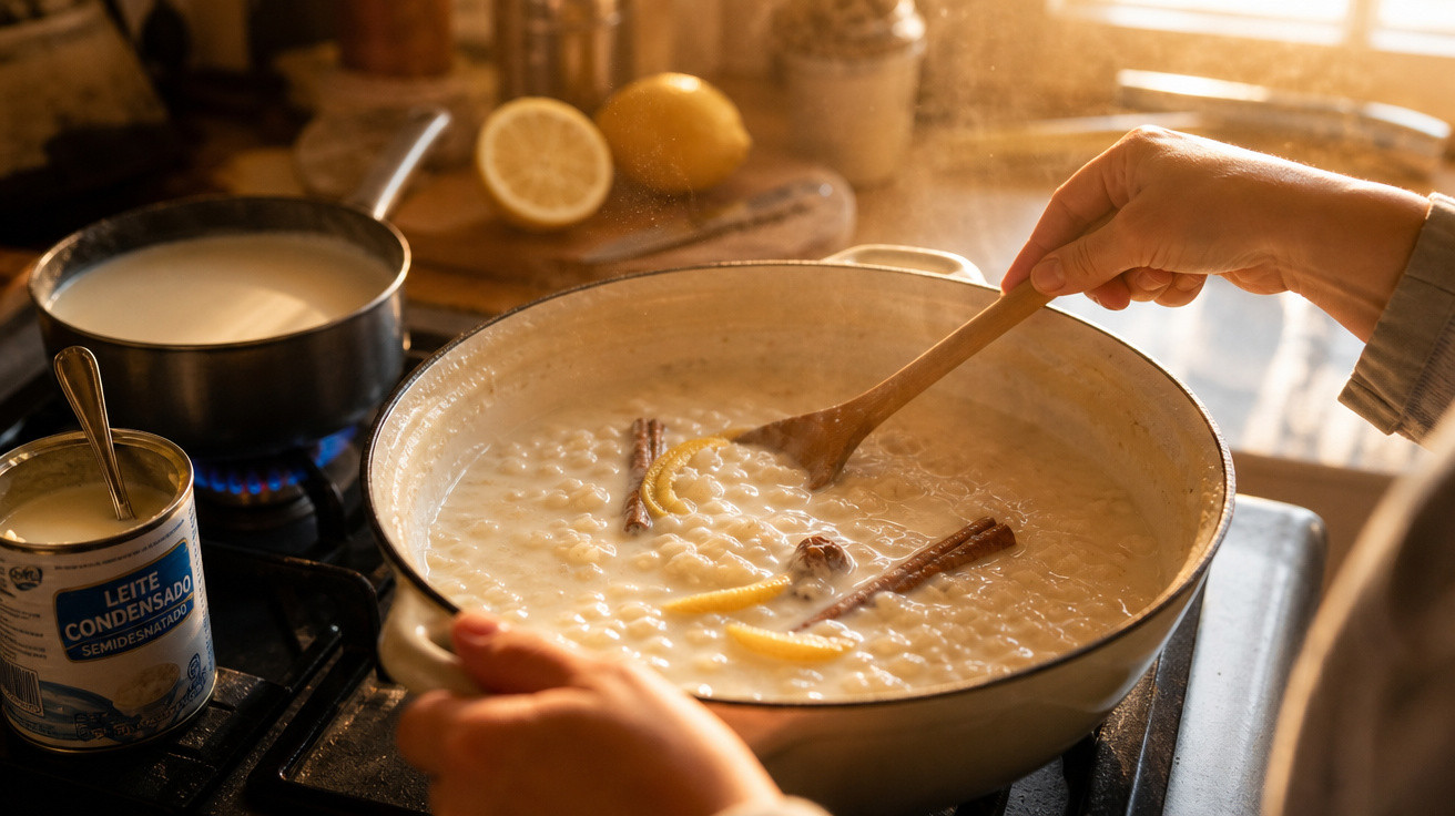 Mãos mexendo arroz doce com casca de limão e paus de canela em panela no fogão, ao lado leite condensado e leite fervendo.
