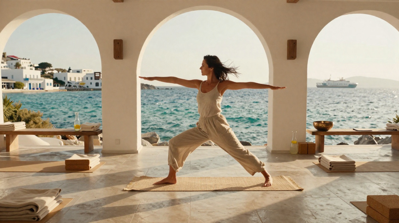 Mulher praticando yoga em tapete com vista para o mar e barco ao fundo sob arcos brancos.