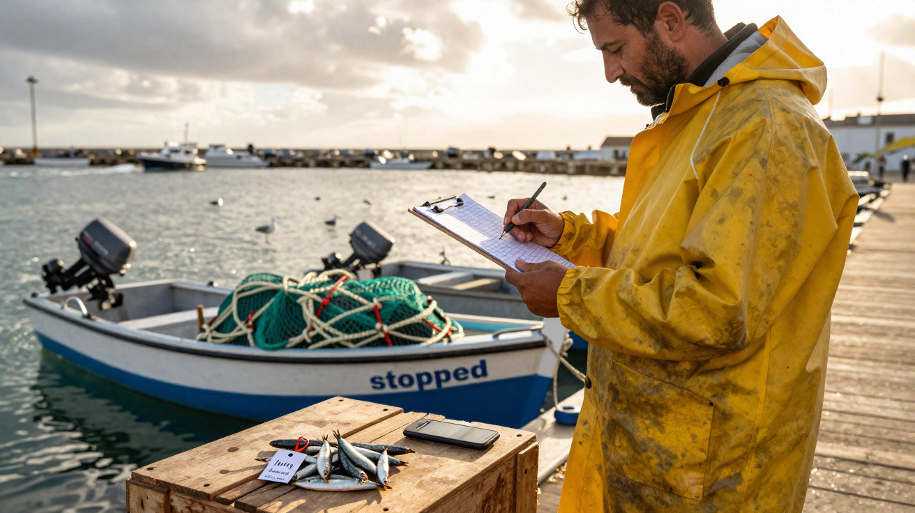 Pescador de capa amarela anotando em prancheta próximo a barco e peixes sobre caixa de madeira no cais.