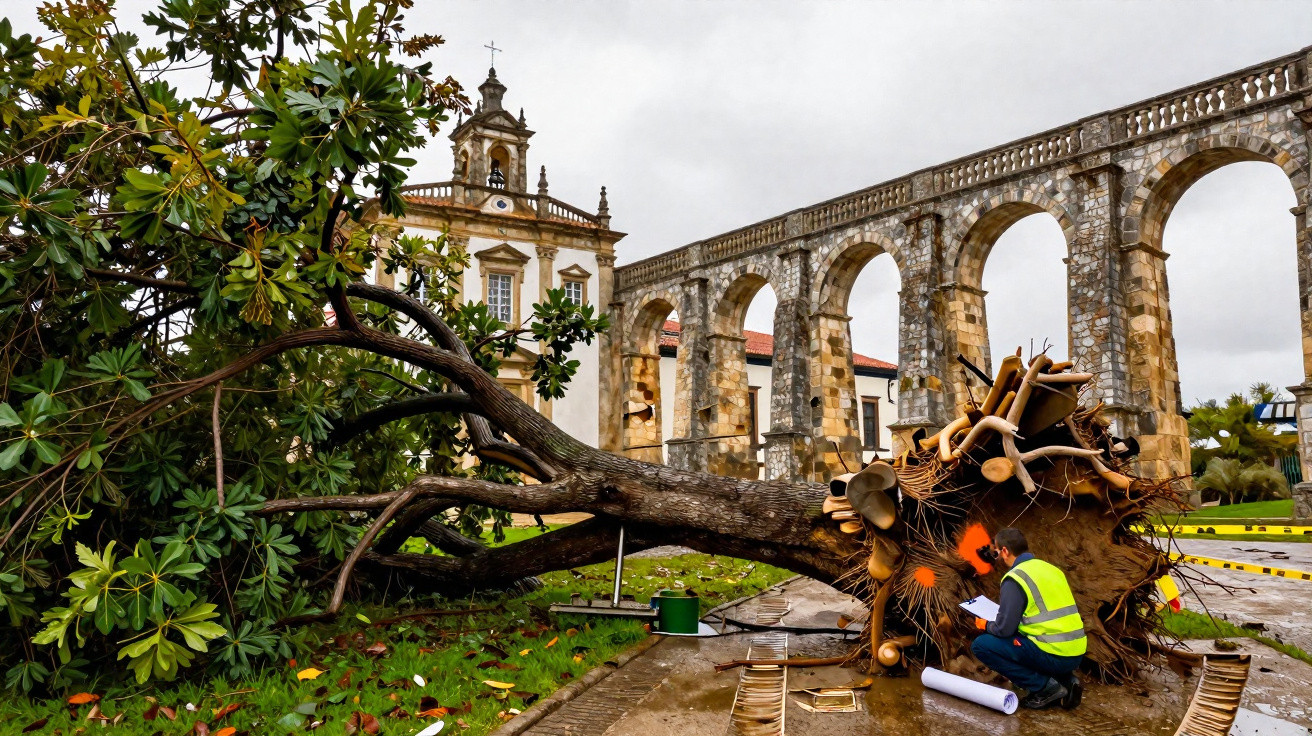 Árvore caída próximo ao aqueduto histórico e uma pessoa com colete de segurança analisando a cena.