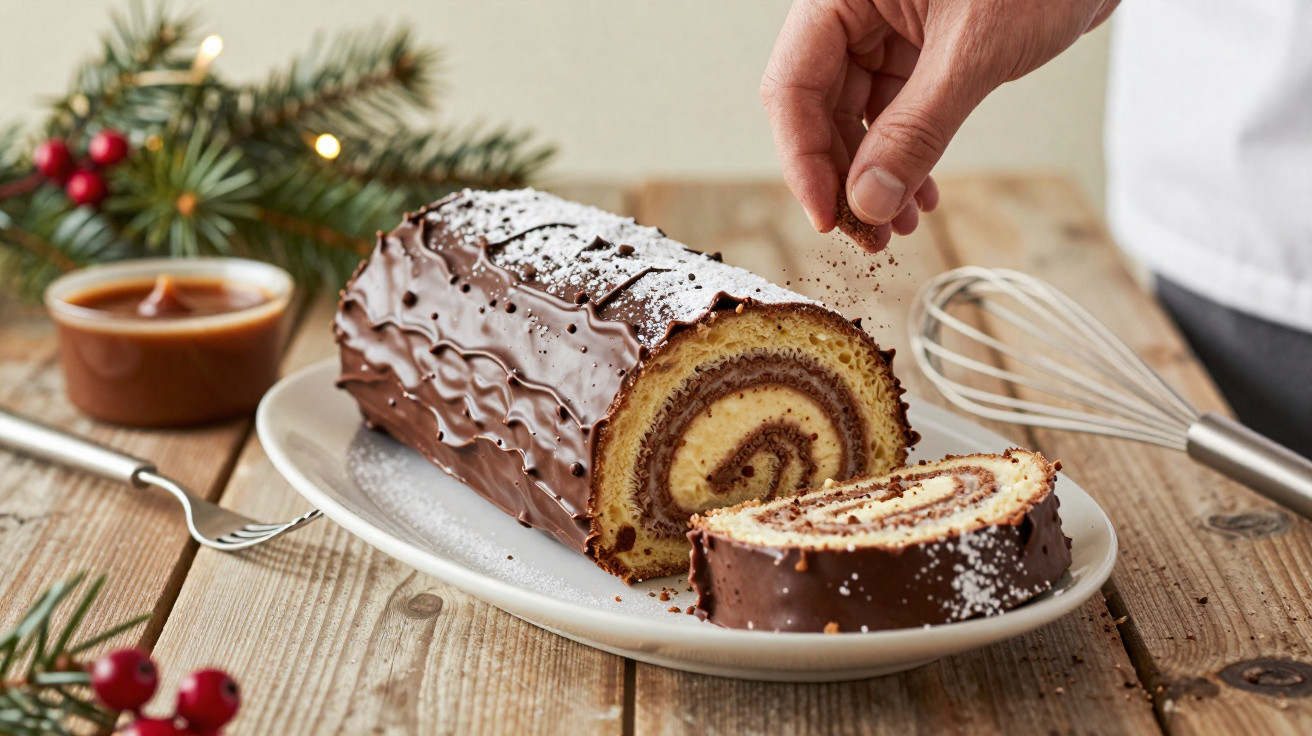 Bolo rocambole coberto com chocolate e açúcar, sendo finalizado com cacau em pó em prato branco.