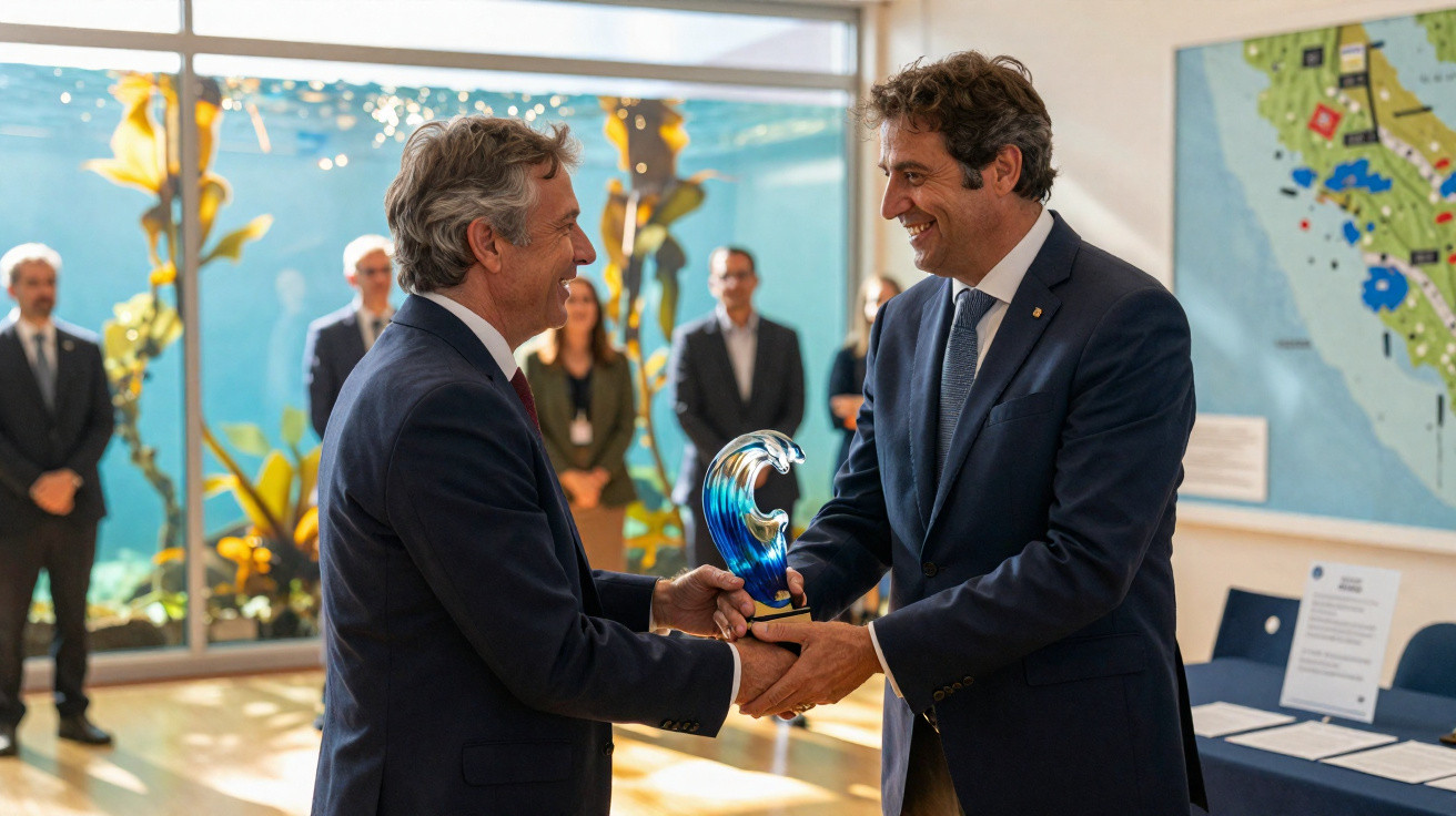 Dois homens de terno sorrindo ao trocar um troféu em formato de onda azul, com pessoas ao fundo.