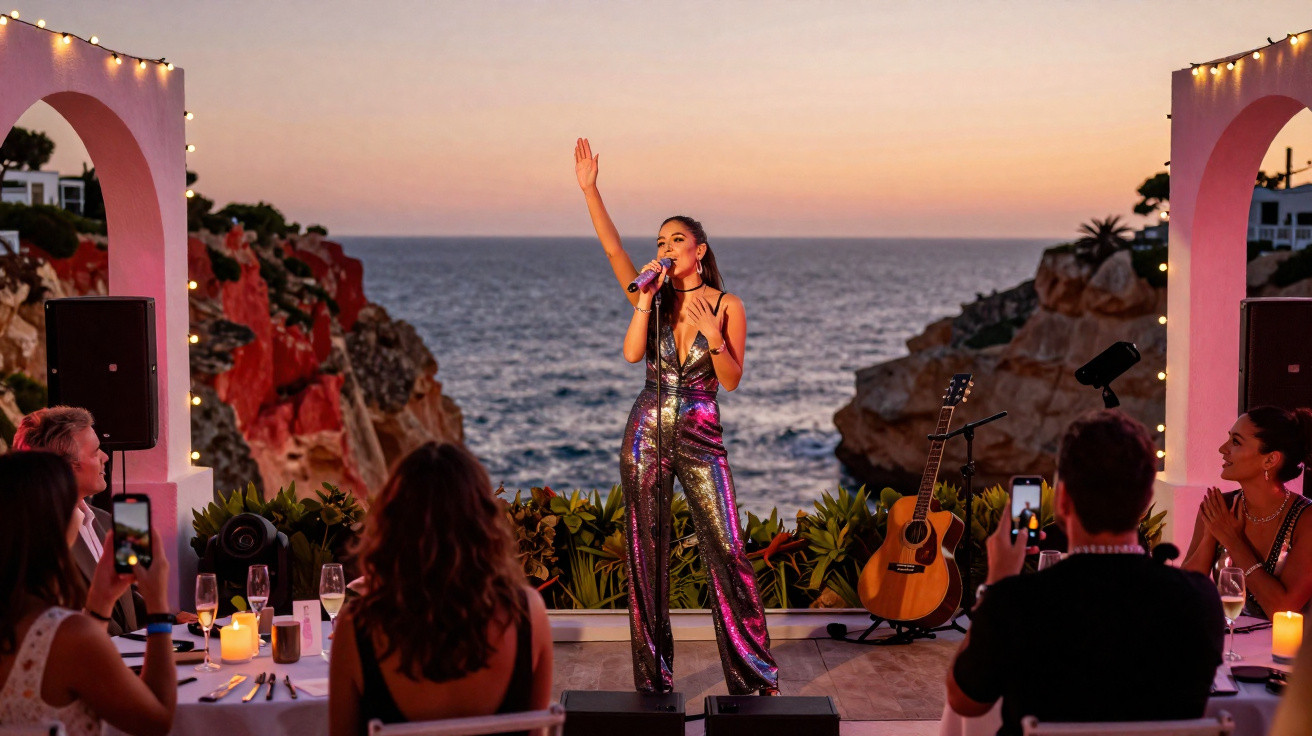 Cantora com macacão brilhante se apresenta ao pôr do sol em palco à beira-mar, enquanto público aplaude.