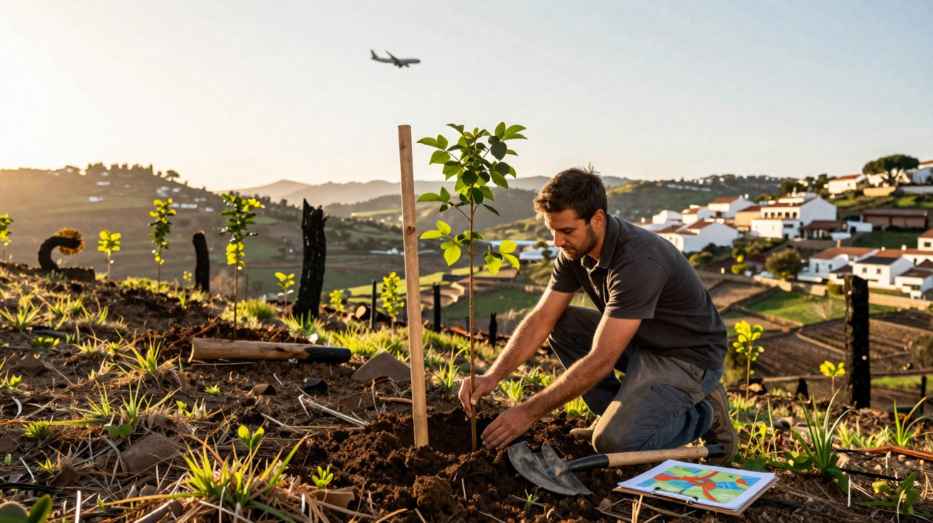 Homem jovem plantando árvore em terreno rural com vila ao fundo e avião no céu ao entardecer.