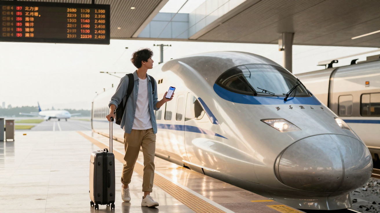Jovem com mala e celular caminha próxima a trem-bala em estação moderna ao entardecer.