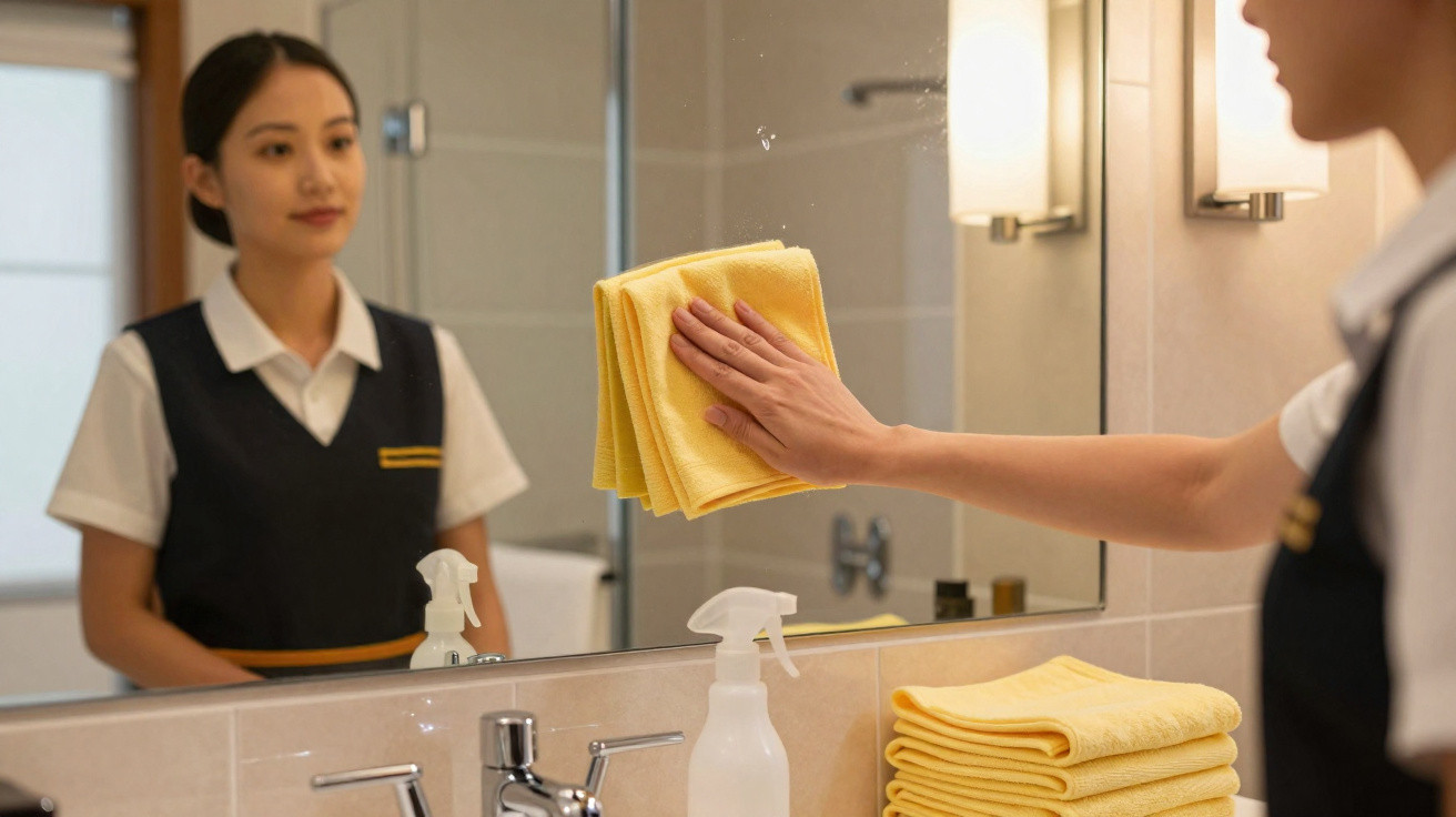 Mulher limpando espelho do banheiro com pano amarelo, ao lado de toalhas e borrifador branco.