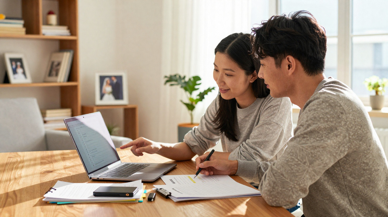 Casal jovem sentado à mesa com laptop e documentos, estudando e discutindo conteúdo juntos.